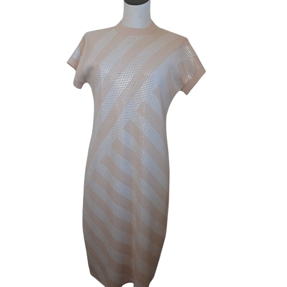 St John Saks‎ Fifth Avenue Vintage Knit Sequin Geometric Dress Peach Sz 10 USA